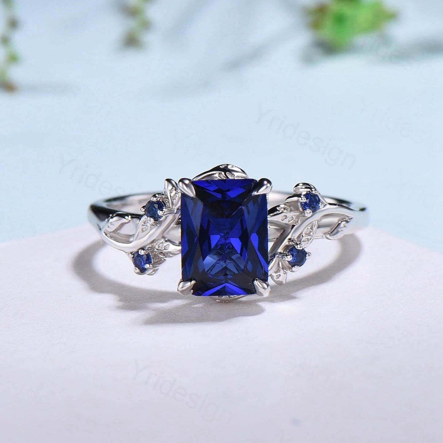 Vintage Emerald cut blue sapphire engagement ring set Nature inspired sapphire wedding ring set white gold leaf vine bridal set for women - PENFINE