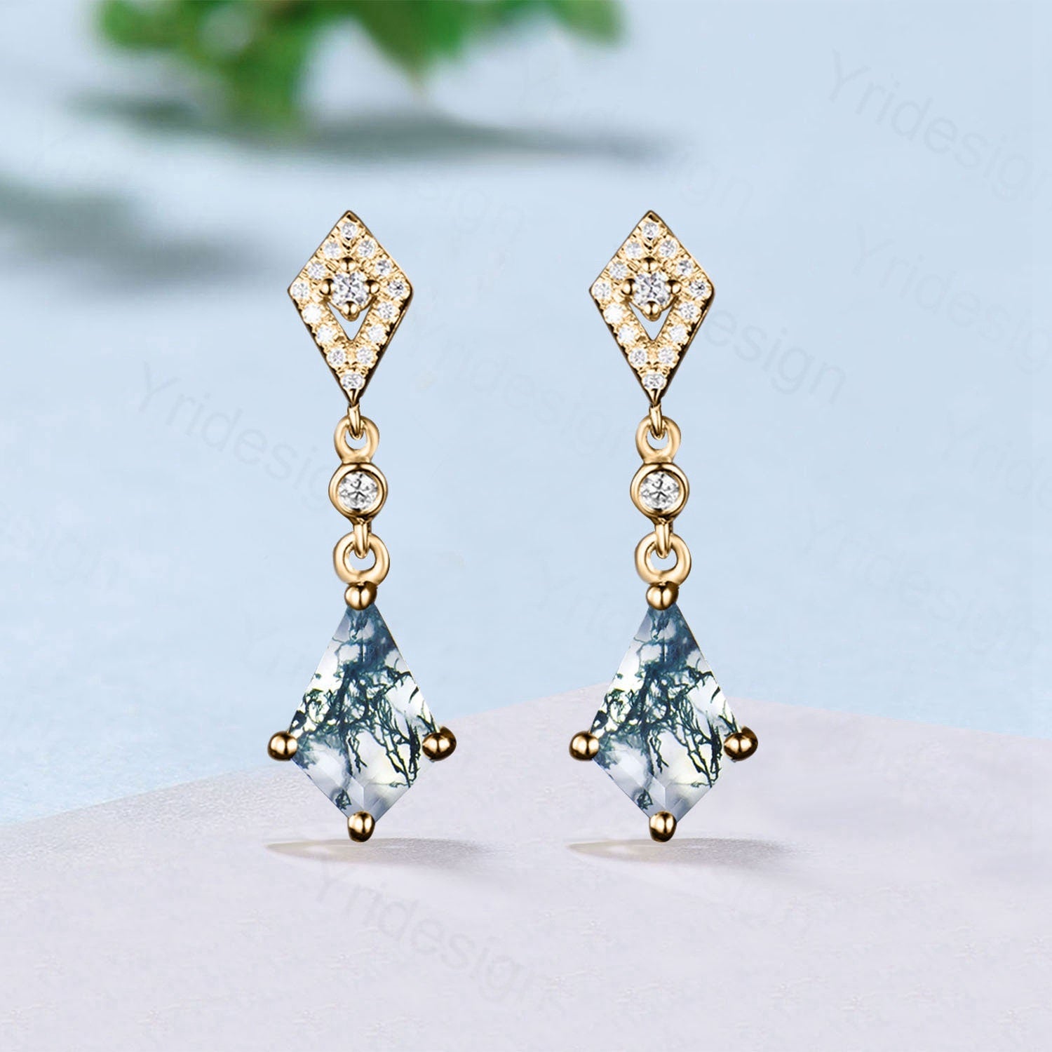Traditional kite moss agate earrings white gold halo diamond drop stud earrings women vintage dainty green agate anniversary gift for her - PENFINE