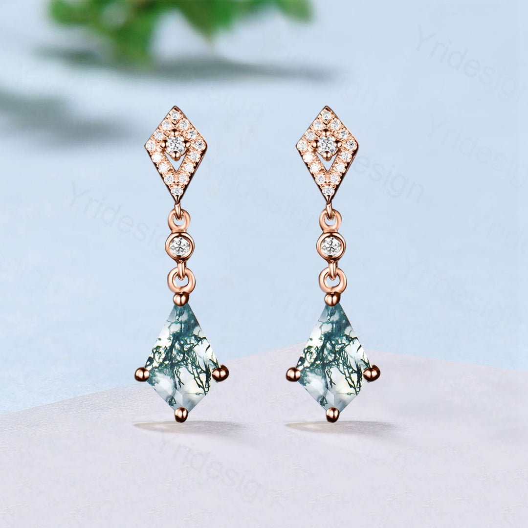 Traditional kite moss agate earrings white gold halo diamond drop stud earrings women vintage dainty green agate anniversary gift for her - PENFINE