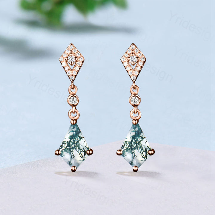 Traditional kite moss agate earrings white gold halo diamond drop stud earrings women vintage dainty green agate anniversary gift for her - PENFINE