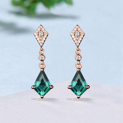 Antique kite cut emerald earrings white gold halo diamond drop stud earrings women vintage dainty lab emerald  anniversary gift for her - PENFINE