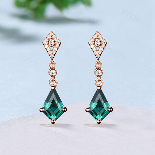 Antique kite cut emerald earrings white gold halo diamond drop stud earrings women vintage dainty lab emerald anniversary gift for her - PENFINE