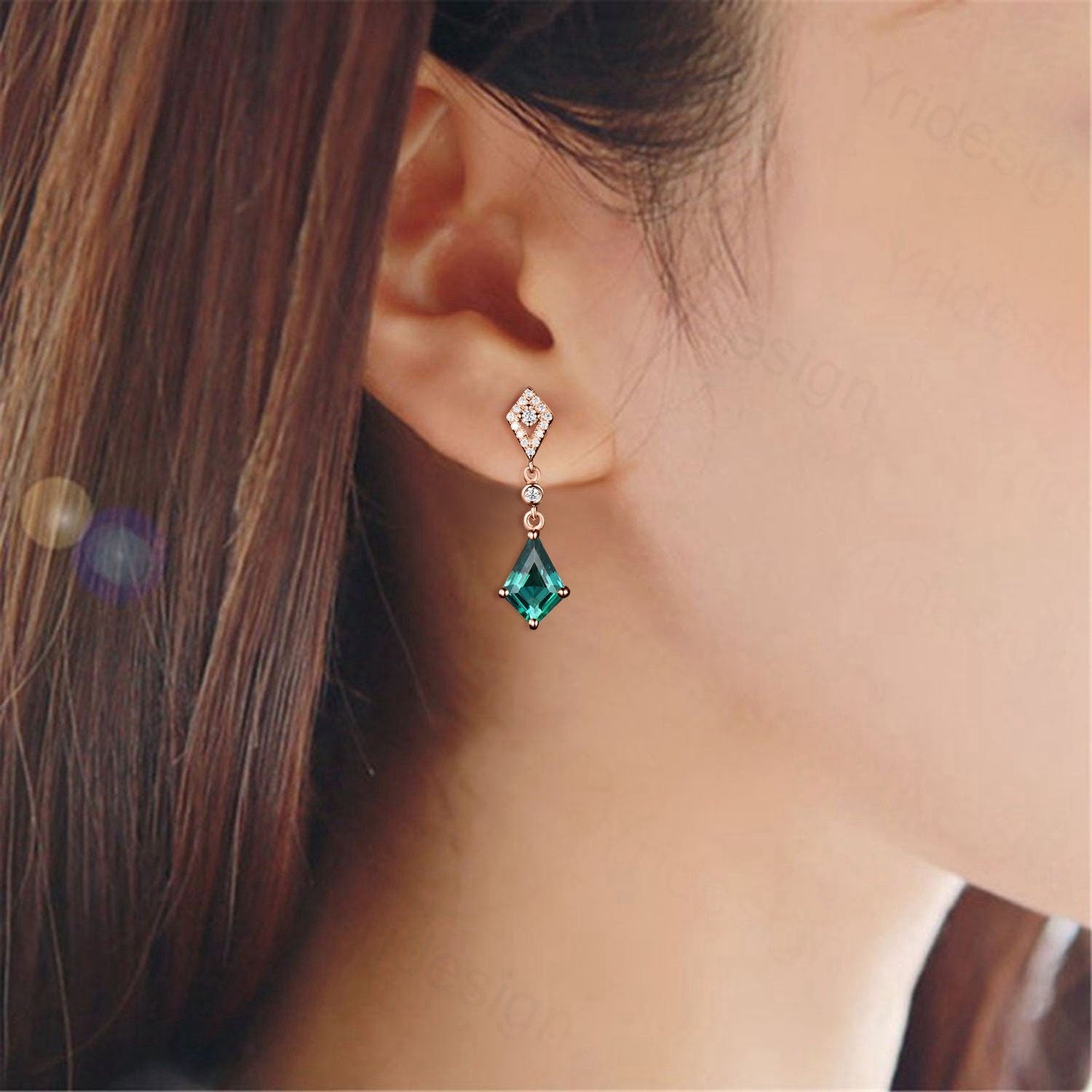 Antique kite cut emerald earrings white gold halo diamond drop stud earrings women vintage dainty lab emerald  anniversary gift for her - PENFINE