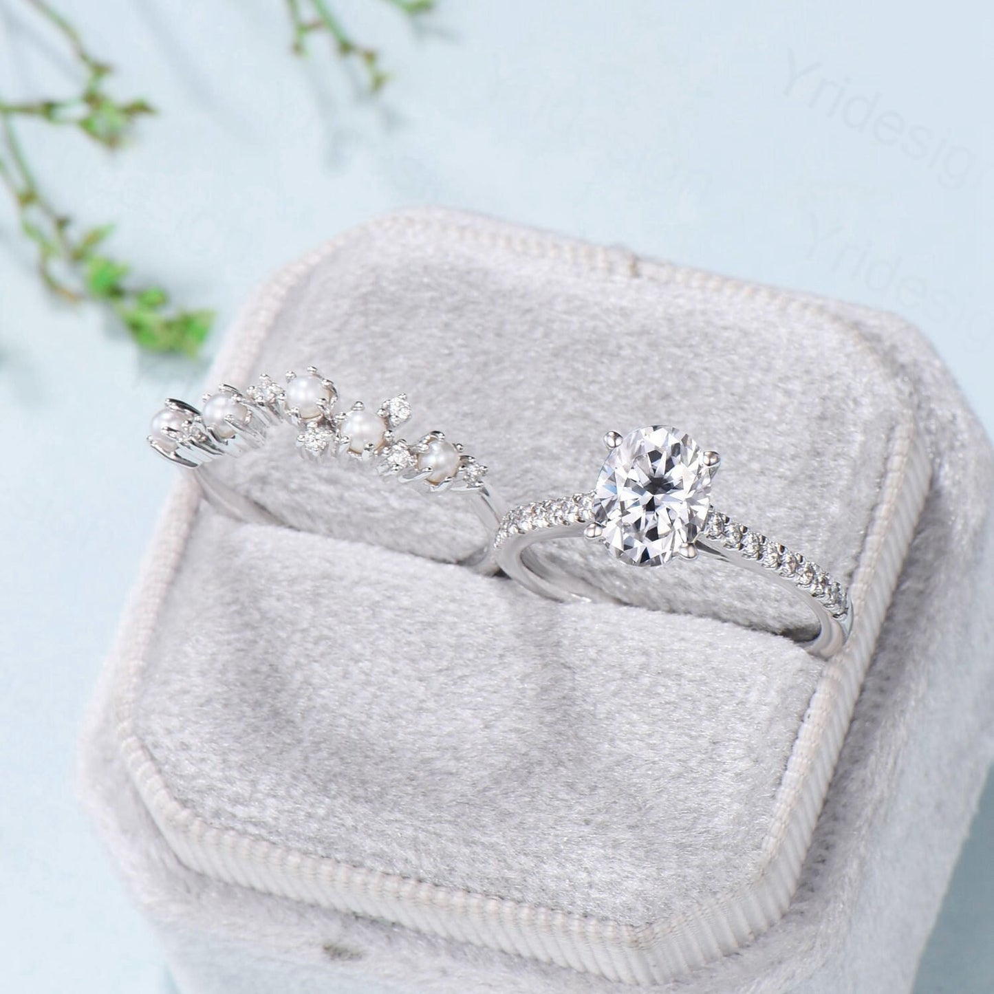 Unique Oval Moissanite Engagement Ring Set 14K White Gold Pave Eternity Diamond Wedding Ring Set Vintage Unique Pearl Stacking Band for her - PENFINE