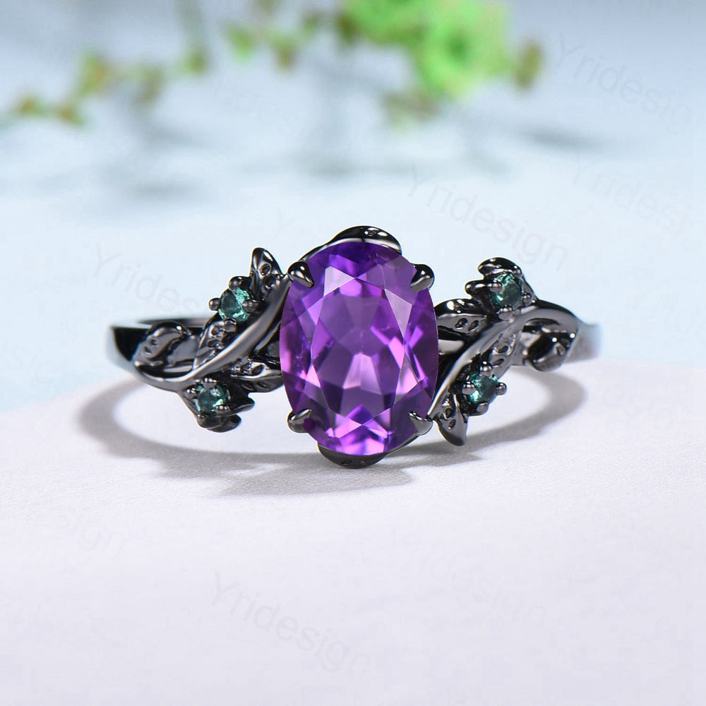 Unique black gold amethyst ring set Nature Inspired purple amethyst engagement ring vintage cluster emerald Leaf wedding ring set for women - PENFINE