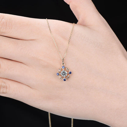 Vintage Sapphire Diamond Pendant Necklace Unique Nature Inspired IGI Certificate Lab Grown Diamond Pendant Moissanite Necklace Birthday Gift - PENFINE