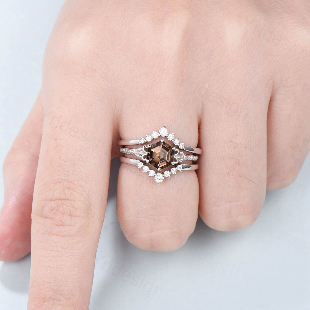 Vintage Smoky Quartz Ring Set 3pcs Unique Hexagon Brown Quartz Engagement Ring White Gold Milgrain Celtic Diamond Bridal Ring Set For Women - PENFINE