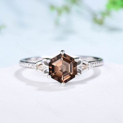 Vintage Smoky Quartz Ring Set 3pcs Unique Hexagon Brown Quartz Engagement Ring White Gold Milgrain Celtic Diamond Bridal Ring Set For Women - PENFINE