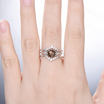 Vintage Smoky Quartz Ring Set 3pcs Unique Hexagon Brown Quartz Engagement Ring White Gold Milgrain Celtic Diamond Bridal Ring Set For Women - PENFINE