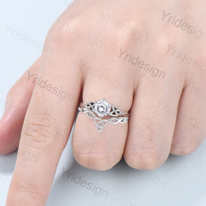 Norse Viking Hexagon Moissanite Ring Set Celtic Love Knot Moissanite Engagement Ring White Gold Unique Twisted Wedding Ring Set For Women - PENFINE