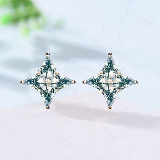 Vintage Moss Agate earrings kite cut Stud Earrings Women Solid 14k 18k rose gold green crystal earrings - PENFINE