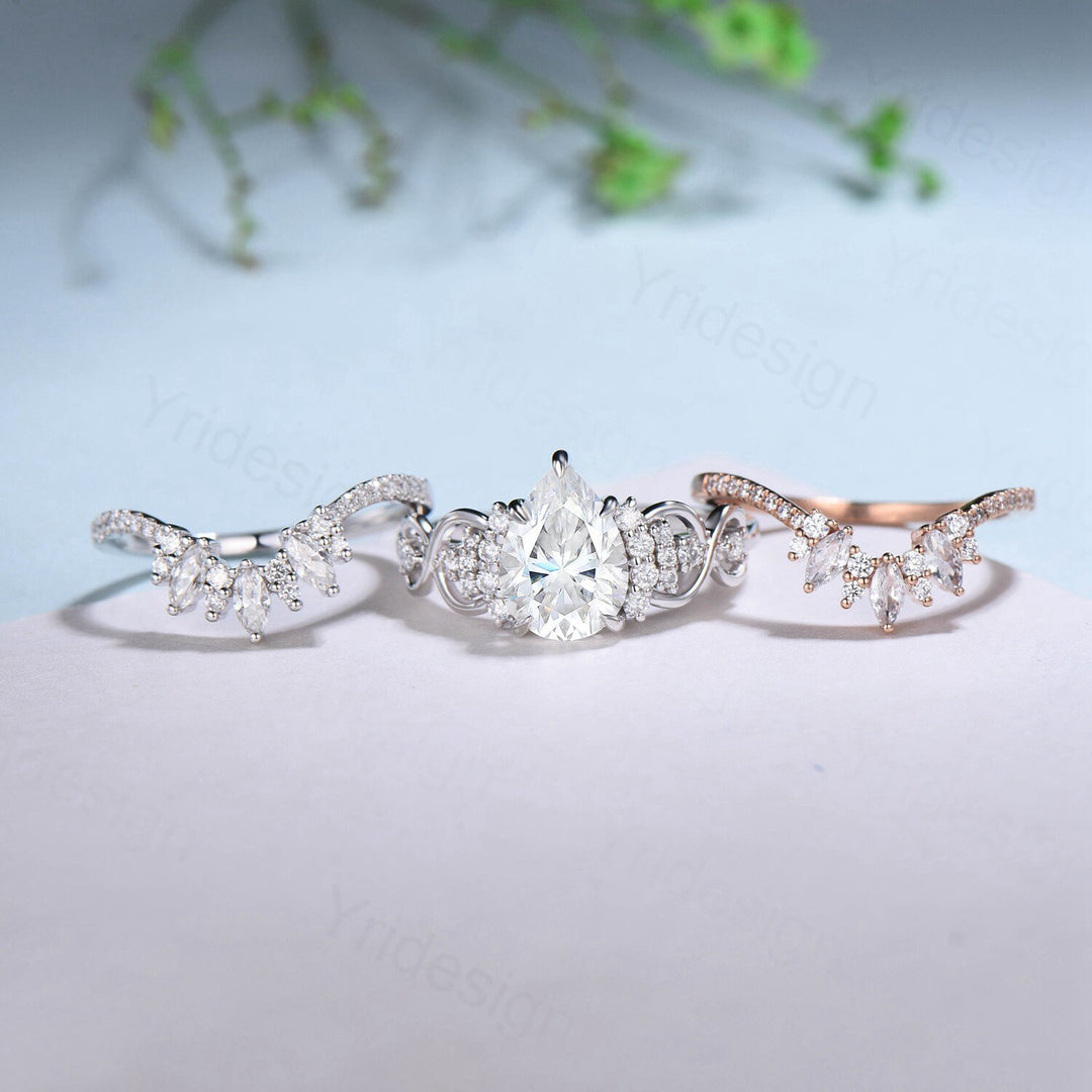 3pcs Vintage Moissanite Wedding Ring Set Celtic Love 2 carat Pear Shaped engagement ring white gold curved band anniversary bridal set women - PENFINE