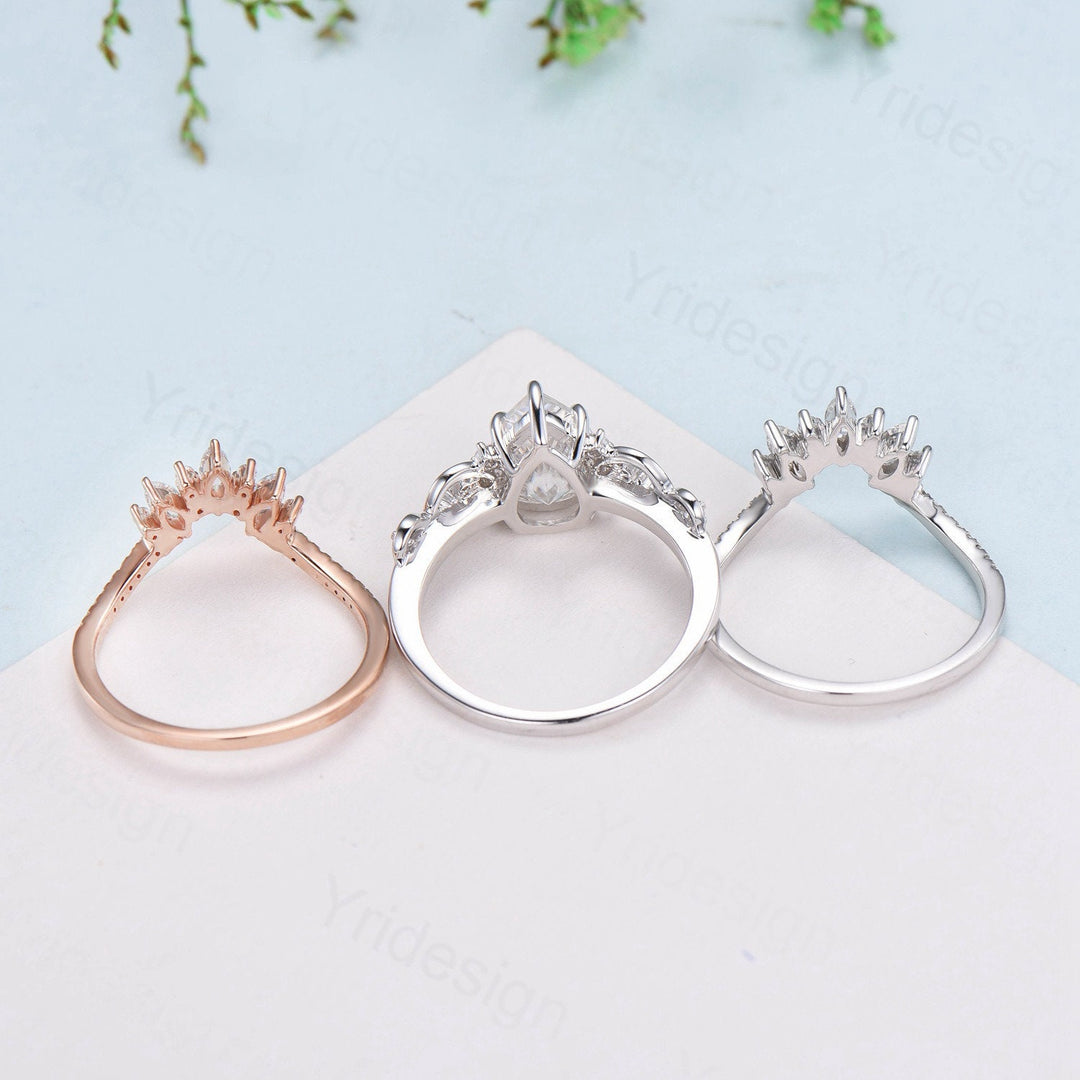 3pcs Vintage Moissanite Wedding Ring Set Celtic Love 2 carat Pear Shaped engagement ring white gold curved band anniversary bridal set women - PENFINE