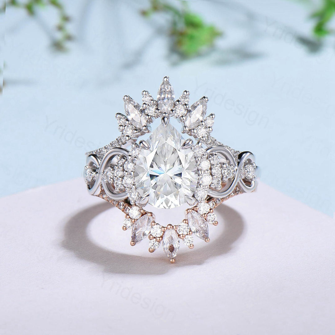 3pcs Vintage Moissanite Wedding Ring Set Celtic Love 2 carat Pear Shaped engagement ring white gold curved band anniversary bridal set women - PENFINE