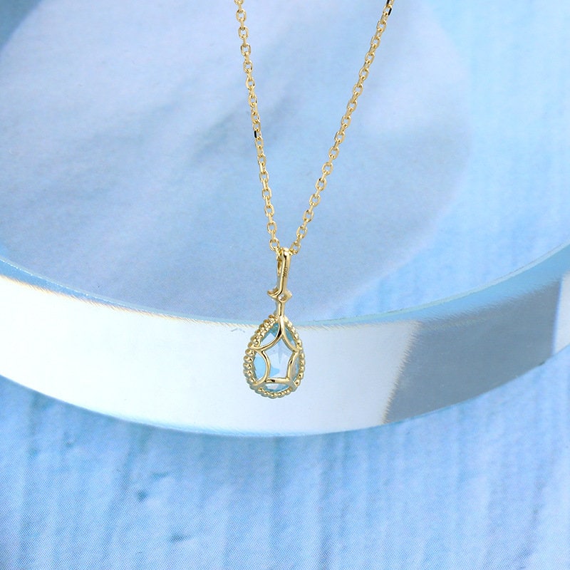 Dainty Swiss blue topaz pendant necklace Vintage teardrop necklace pendant 9k/14k/18k yellow gold minimalist bridal promise anniversary gift - PENFINE