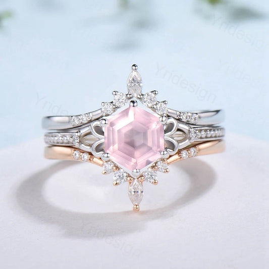 Vintage Rose Quartz Ring Set 3pcs Unique Hexagon Pink Crystal Engagement Ring White Gold Milgrain Celtic Diamond Bridal Ring Set For Women - PENFINE
