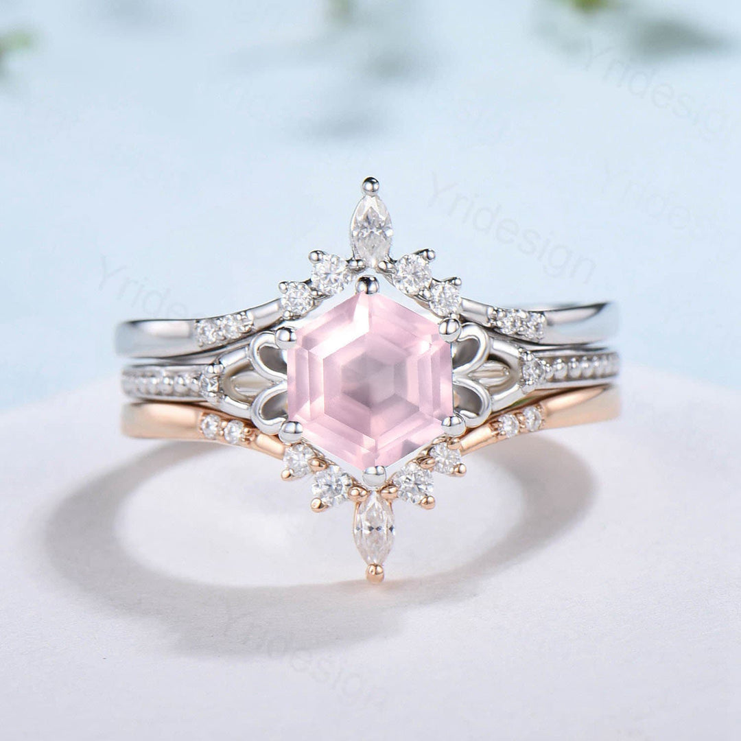 Vintage Rose Quartz Ring Set 3pcs Unique Hexagon Pink Crystal Engagement Ring White Gold Milgrain Celtic Diamond Bridal Ring Set For Women - PENFINE