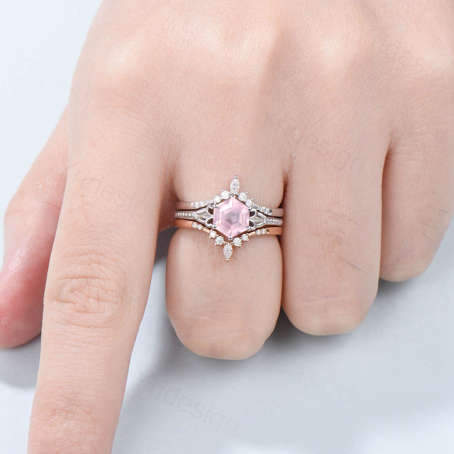 Vintage Rose Quartz Ring Set 3pcs Unique Hexagon Pink Crystal Engagement Ring White Gold Milgrain Celtic Diamond Bridal Ring Set For Women - PENFINE