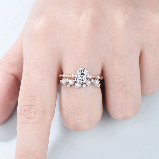 Dainty Oval Moissanite Engagement Ring Set Vinatge Minimalist Moissanite Diamond Wedding Ring Set Vintage Unique Pearl Stacking Band for her - PENFINE