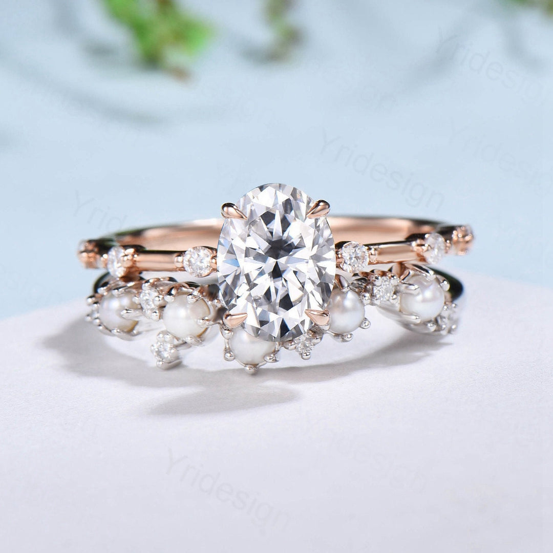 Dainty Oval Moissanite Engagement Ring Set Vinatge Minimalist Moissanite Diamond Wedding Ring Set Vintage Unique Pearl Stacking Band for her - PENFINE