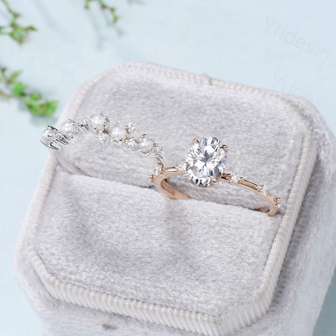 Dainty Oval Moissanite Engagement Ring Set Vinatge Minimalist Moissanite Diamond Wedding Ring Set Vintage Unique Pearl Stacking Band for her - PENFINE