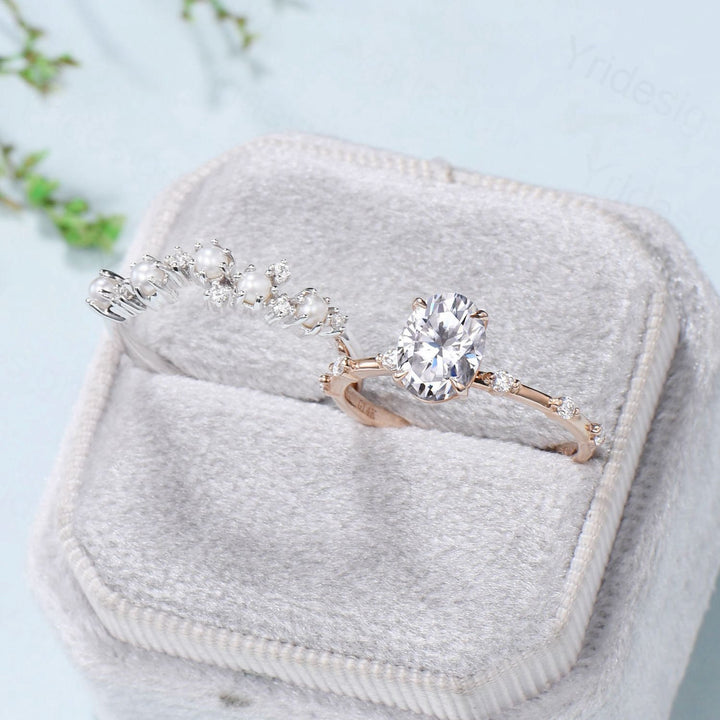 Dainty Oval Moissanite Engagement Ring Set Vinatge Minimalist Moissanite Diamond Wedding Ring Set Vintage Unique Pearl Stacking Band for her - PENFINE
