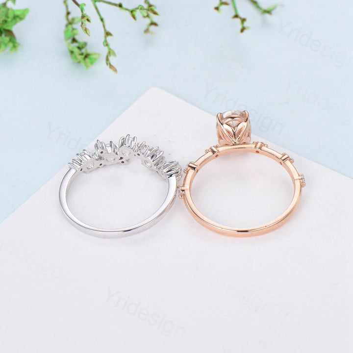 Dainty Oval Moissanite Engagement Ring Set Vinatge Minimalist Moissanite Diamond Wedding Ring Set Vintage Unique Pearl Stacking Band for her - PENFINE