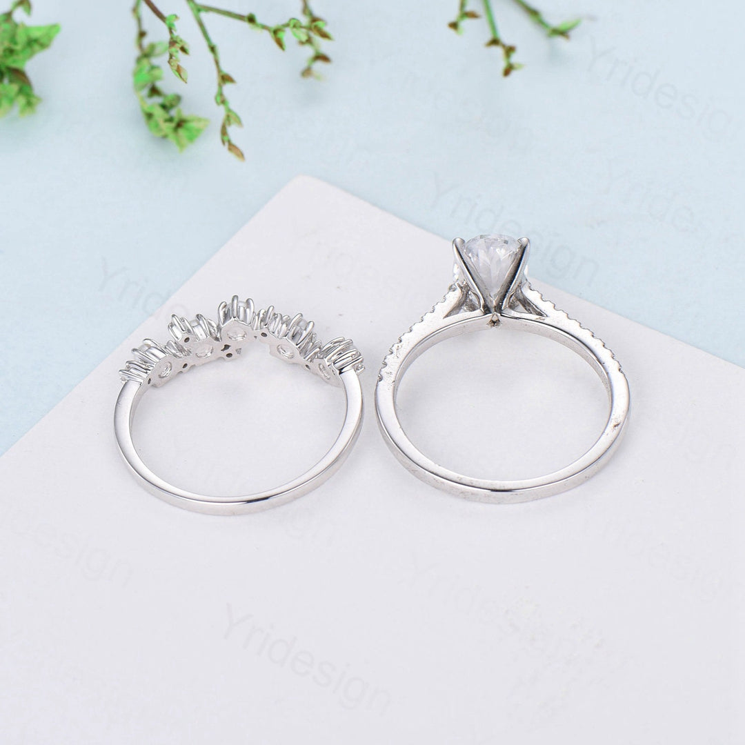 Dainty Oval Moissanite Engagement Ring Set Vinatge Minimalist Moissanite Diamond Wedding Ring Set Vintage Unique Pearl Stacking Band for her - PENFINE