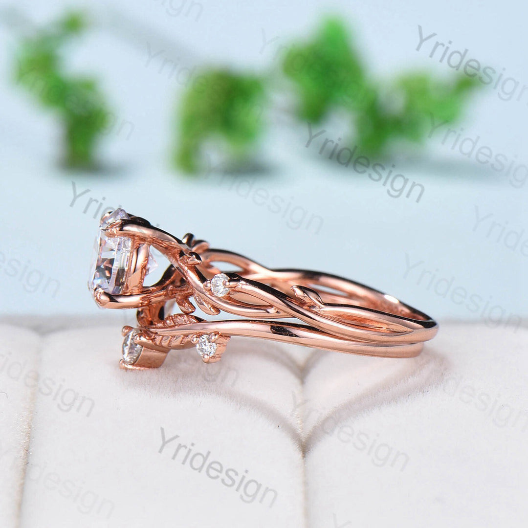 Brilliant Diamond Engagement Ring Set Nature Inspired Branch Twig Certificate IGI Lab Grown Diamonds Wedding Set Unique Leaf Bridal ring Set - PENFINE