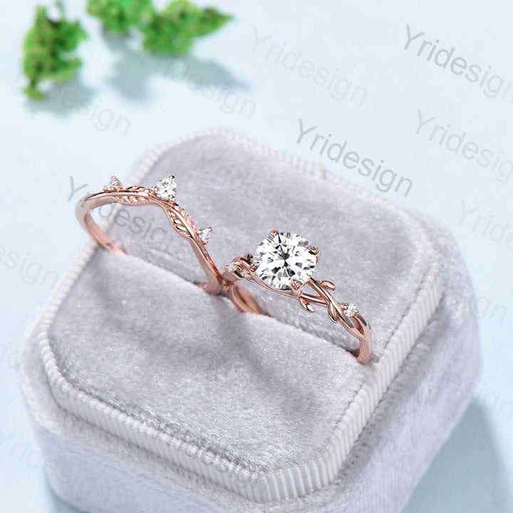 Brilliant Diamond Engagement Ring Set Nature Inspired Branch Twig Certificate IGI Lab Grown Diamonds Wedding Set Unique Leaf Bridal ring Set - PENFINE