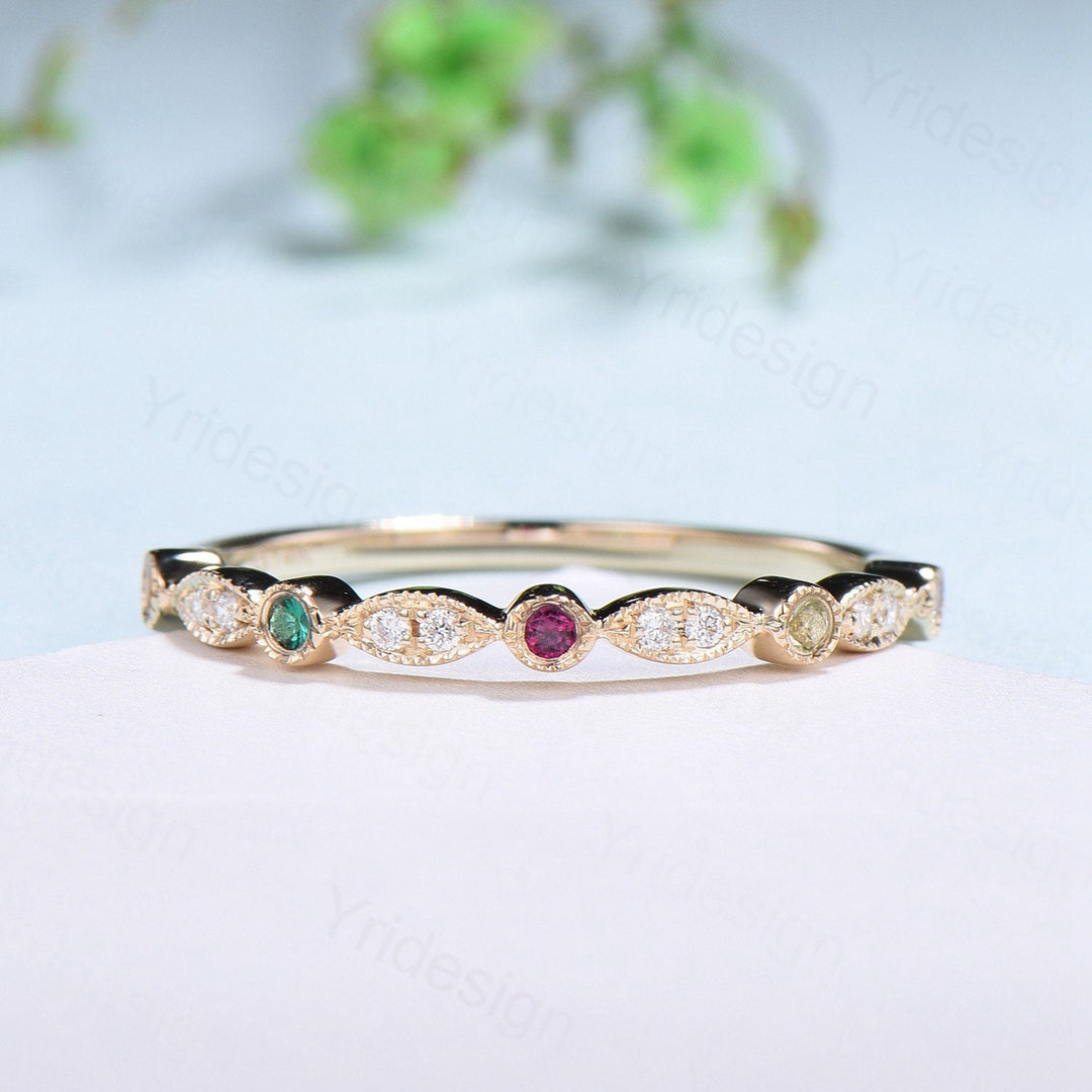 Vintage Half Eternity Diamond Wedding Band Unique Peridot Ruby Emerald Citrine Pink tourmaline  Stackable Matching Ring Anniversary Gift - PENFINE