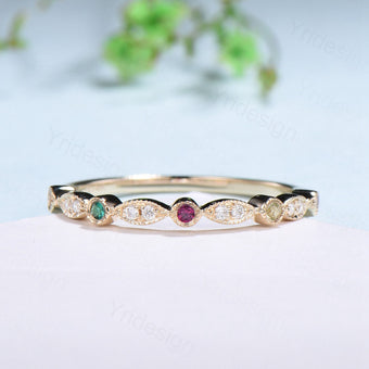 Vintage Half Eternity Diamond Wedding Band Unique Peridot Ruby Emerald Citrine Pink tourmaline  Stackable Matching Ring Anniversary Gift - PENFINE