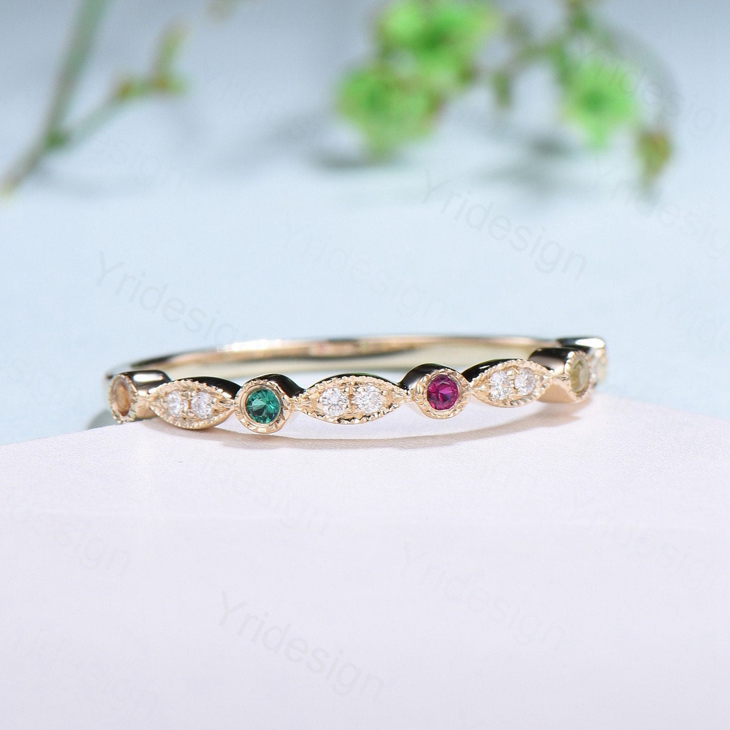 Vintage Half Eternity Diamond Wedding Band Unique Peridot Ruby Emerald Citrine Pink tourmaline  Stackable Matching Ring Anniversary Gift - PENFINE