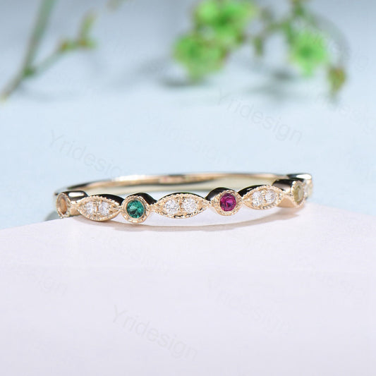 Vintage Half Eternity Diamond Wedding Band Unique Peridot Ruby Emerald Citrine Pink tourmaline Stackable Matching Ring Anniversary Gift - PENFINE