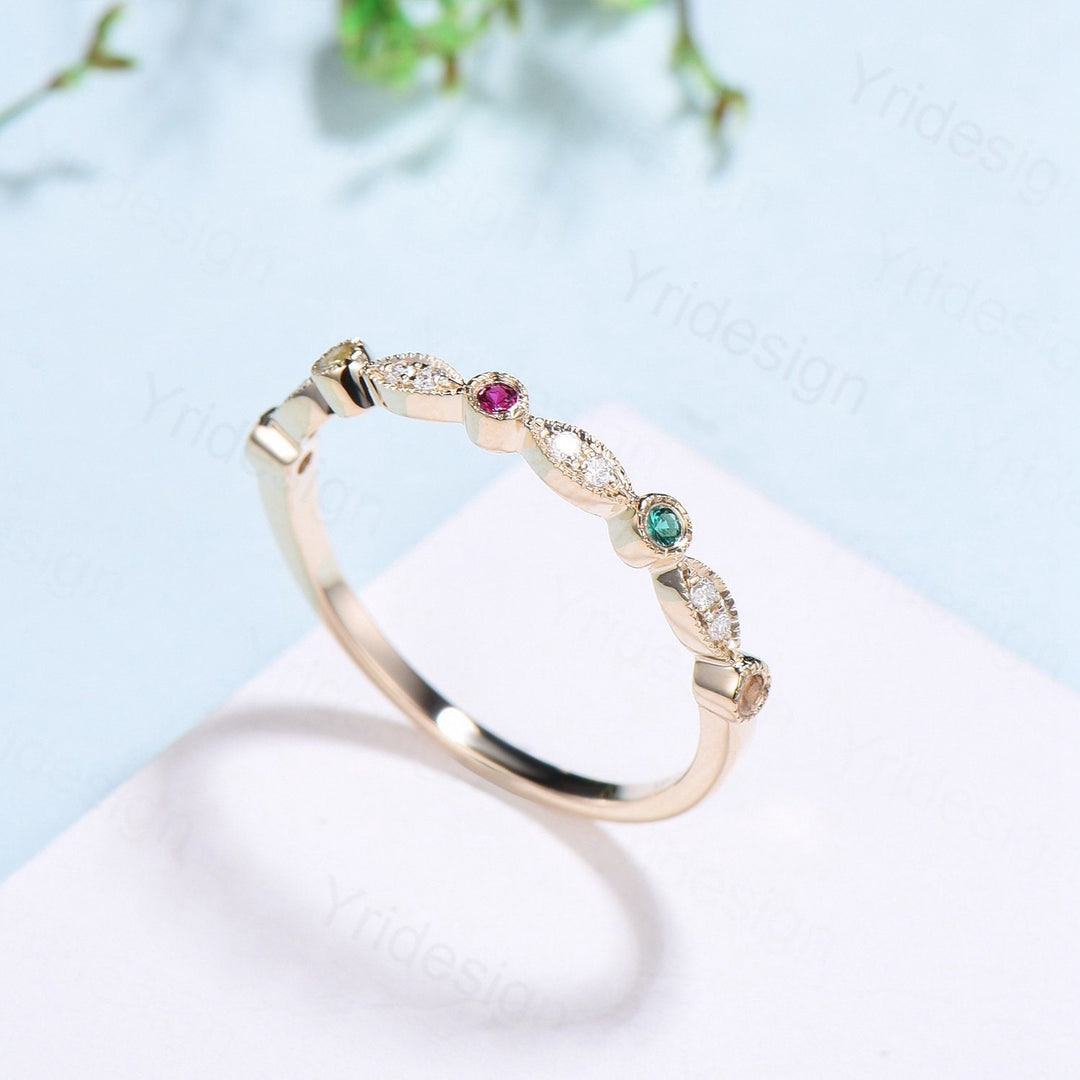 Vintage Half Eternity Diamond Wedding Band Unique Peridot Ruby Emerald Citrine Pink tourmaline  Stackable Matching Ring Anniversary Gift - PENFINE