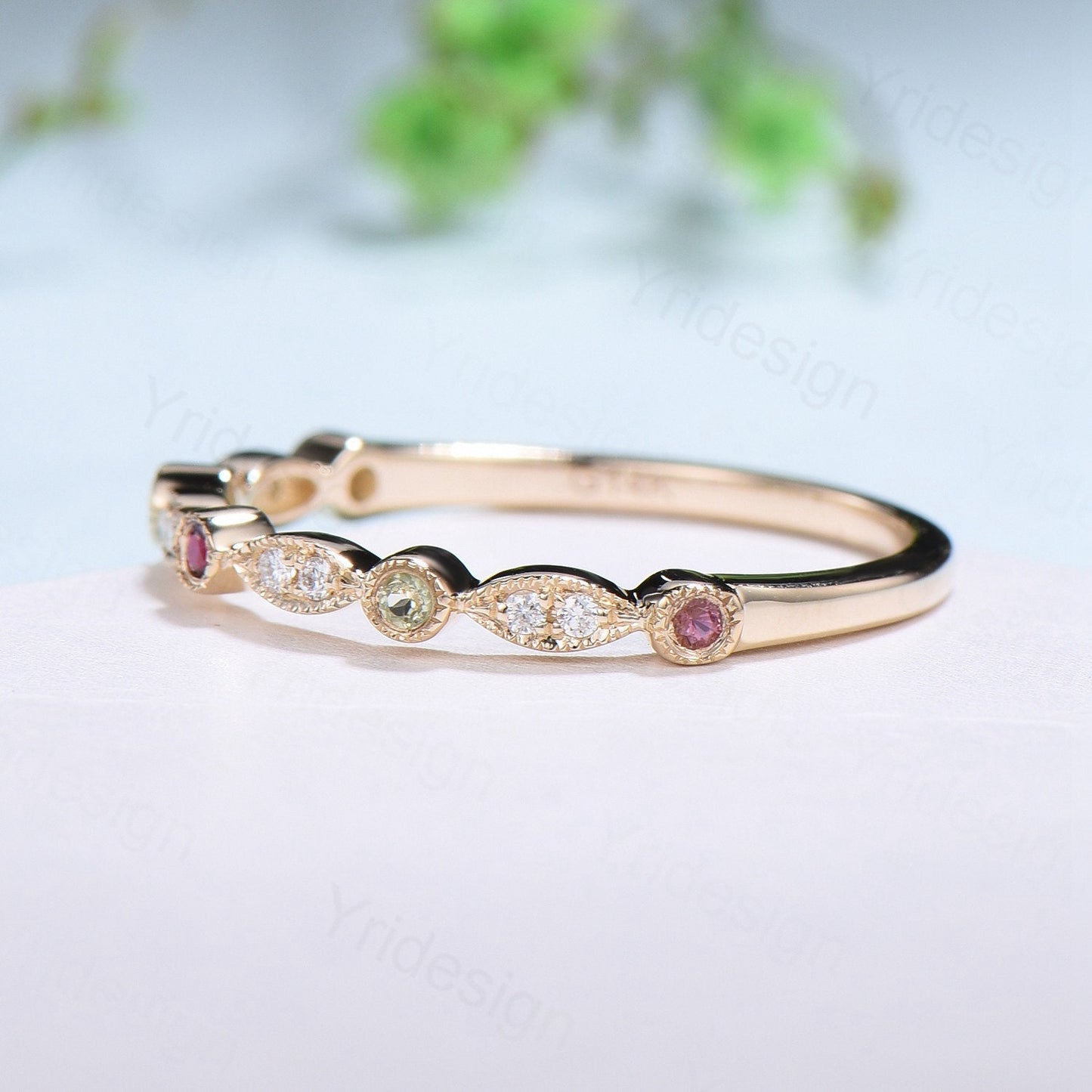Vintage Half Eternity Diamond Wedding Band Unique Peridot Ruby Emerald Citrine Pink tourmaline  Stackable Matching Ring Anniversary Gift - PENFINE