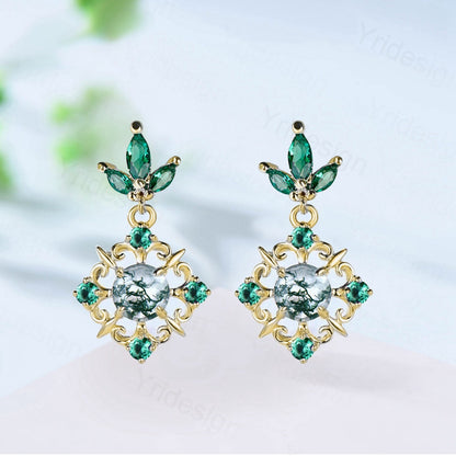 Vintage Moss Agate Emerald Earrings Unique Nature Inspired 5mm Round Green Agate Stud Earrings Solid 14K/18K Gold Fine Jewelry For Women - PENFINE