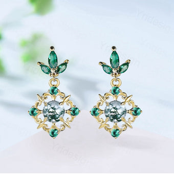 Vintage Moss Agate Emerald Earrings Unique Nature Inspired 5mm Round Green Agate Stud Earrings Solid 14K/18K Gold Fine Jewelry For Women - PENFINE