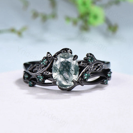 Unique black gold moss agate ring set Nature Inspired aquatic agate engagement ring vintage cluster emerald Leaf wedding ring set for women - PENFINE