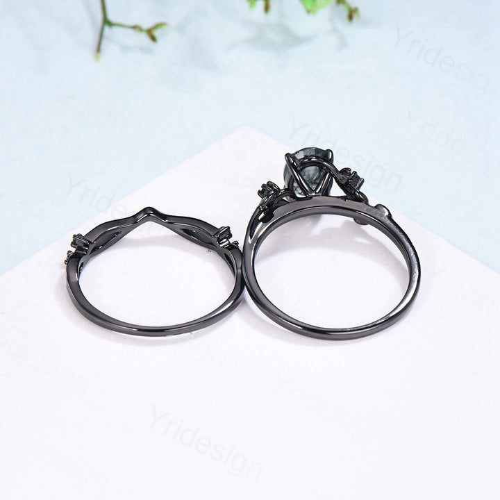 Unique black gold moss agate ring set Nature Inspired aquatic agate engagement ring vintage cluster emerald Leaf wedding ring set for women - PENFINE