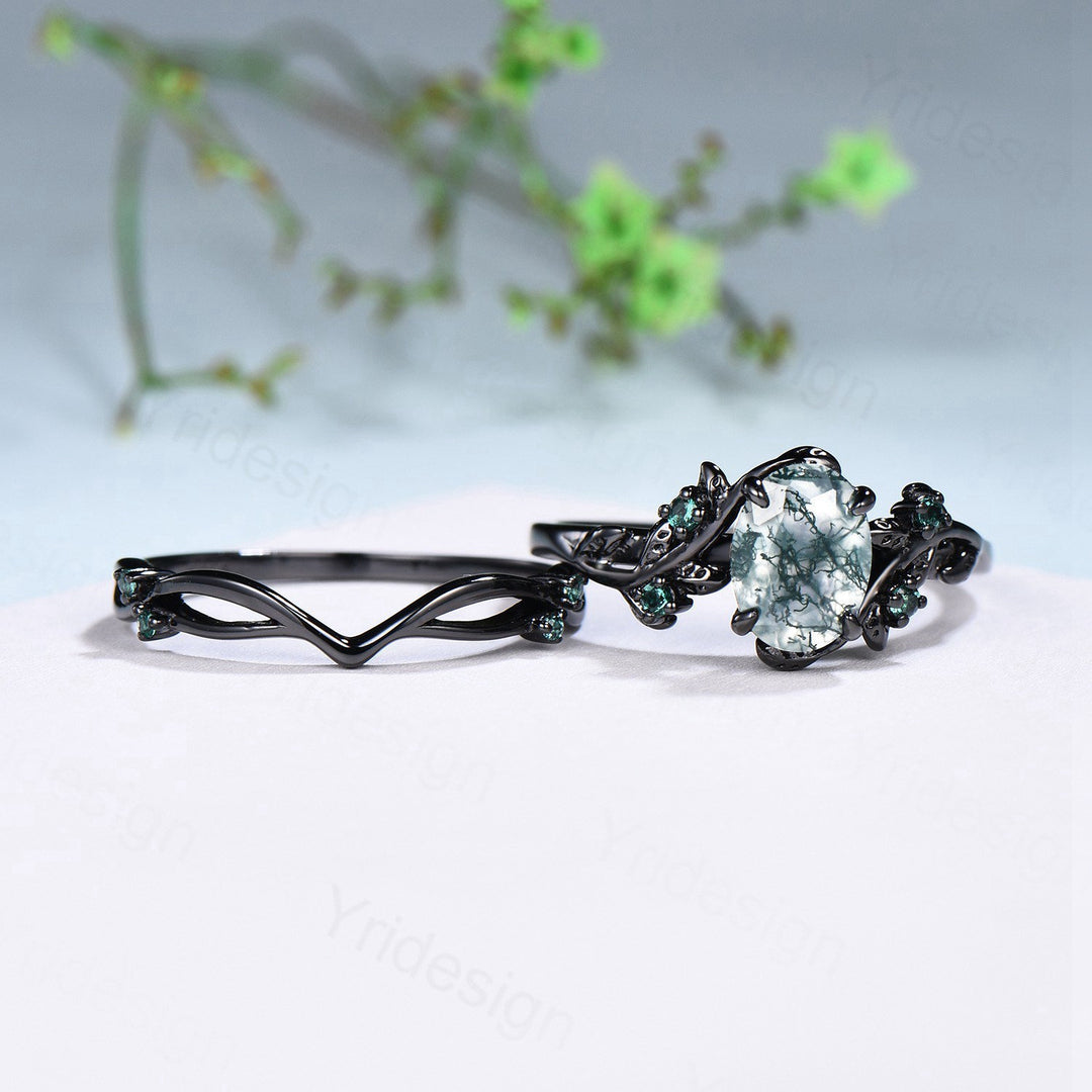 Unique black gold moss agate ring set Nature Inspired aquatic agate engagement ring vintage cluster emerald Leaf wedding ring set for women - PENFINE