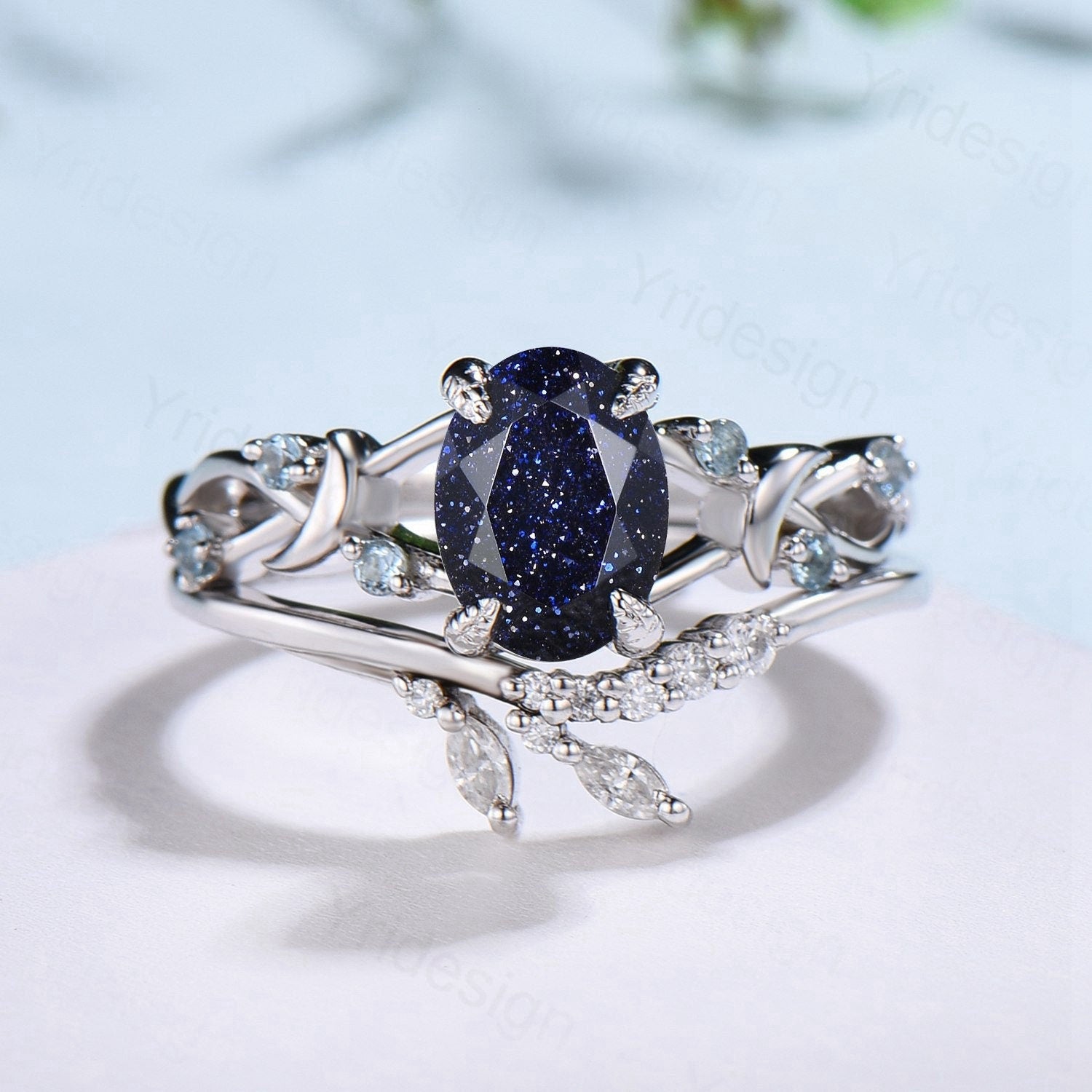 1.5CT Oval Galaxy Blue Sandstone Engagement Ring Set Twig Swiss Topaz Wedding Ring Set FOR Women Unique Branch Bridal Set Personalized Gift - PENFINE