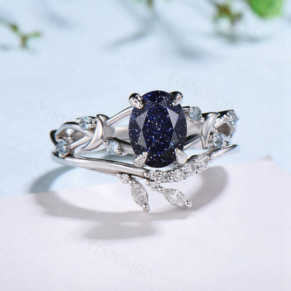 1.5CT Oval Galaxy Blue Sandstone Engagement Ring Set Twig Swiss Topaz Wedding Ring Set FOR Women Unique Branch Bridal Set Personalized Gift - PENFINE