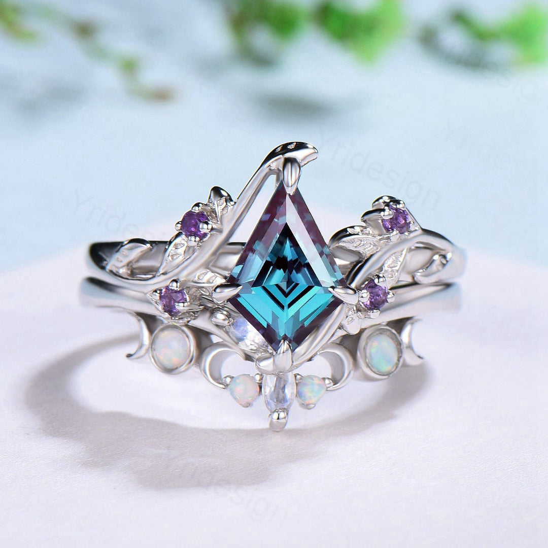 Nature Inspired kite alexandrite engagement ring set twig cluster amethyst wedding ring set Vintage marquise moonstone opal stacking ring - PENFINE