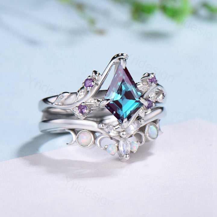 Nature Inspired kite alexandrite engagement ring set twig cluster amethyst wedding ring set Vintage marquise moonstone opal stacking ring - PENFINE