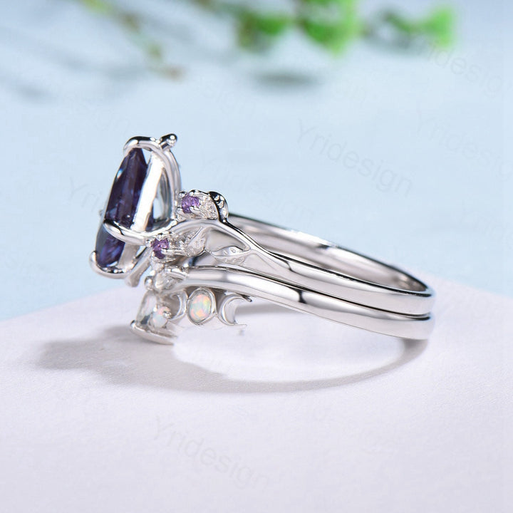 Nature Inspired kite alexandrite engagement ring set twig cluster amethyst wedding ring set Vintage marquise moonstone opal stacking ring - PENFINE