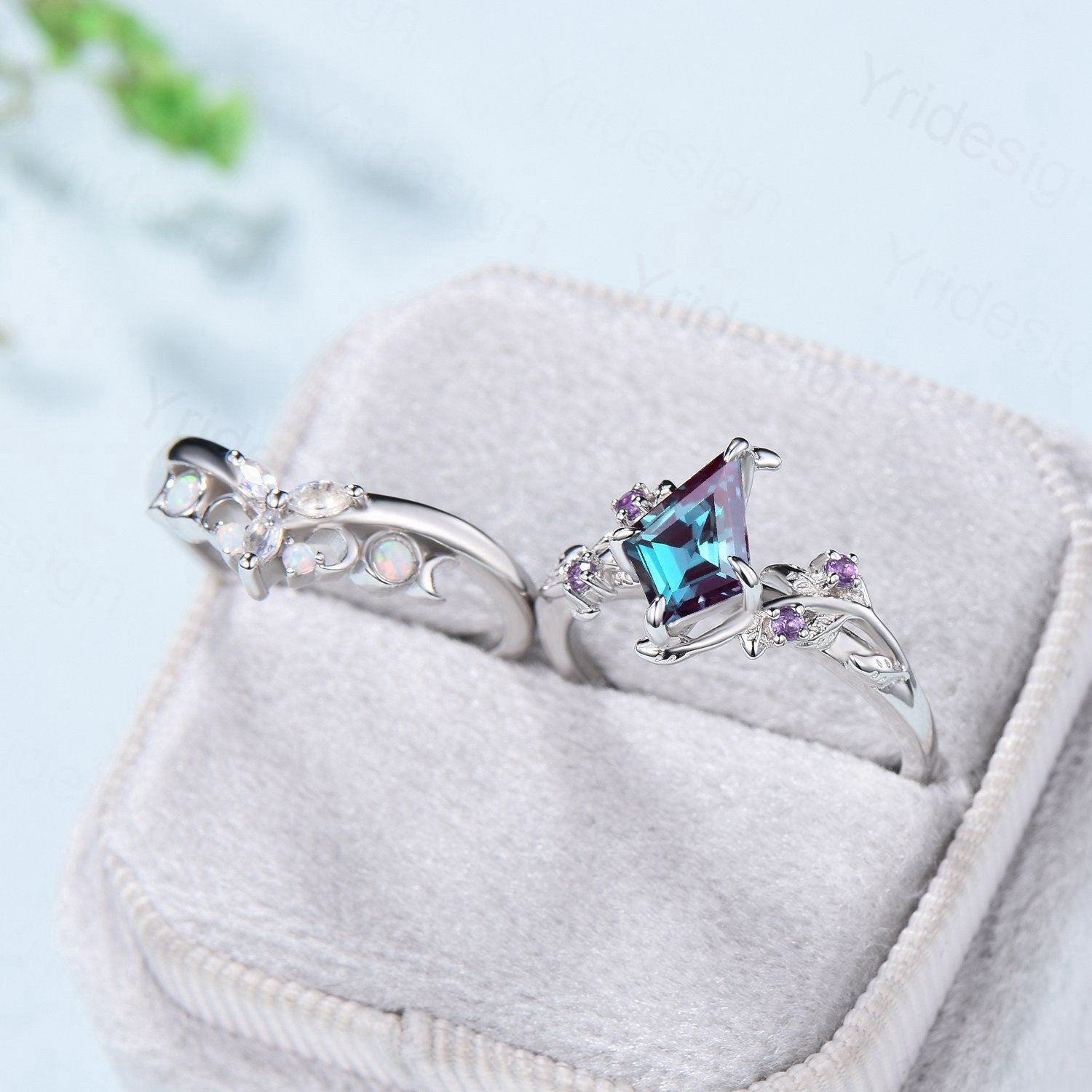 Nature Inspired kite alexandrite engagement ring set twig cluster amethyst wedding ring set Vintage marquise moonstone opal stacking ring - PENFINE
