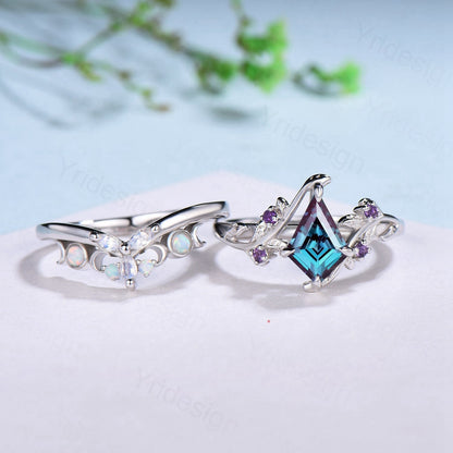 Nature Inspired kite alexandrite engagement ring set twig cluster amethyst wedding ring set Vintage marquise moonstone opal stacking ring - PENFINE