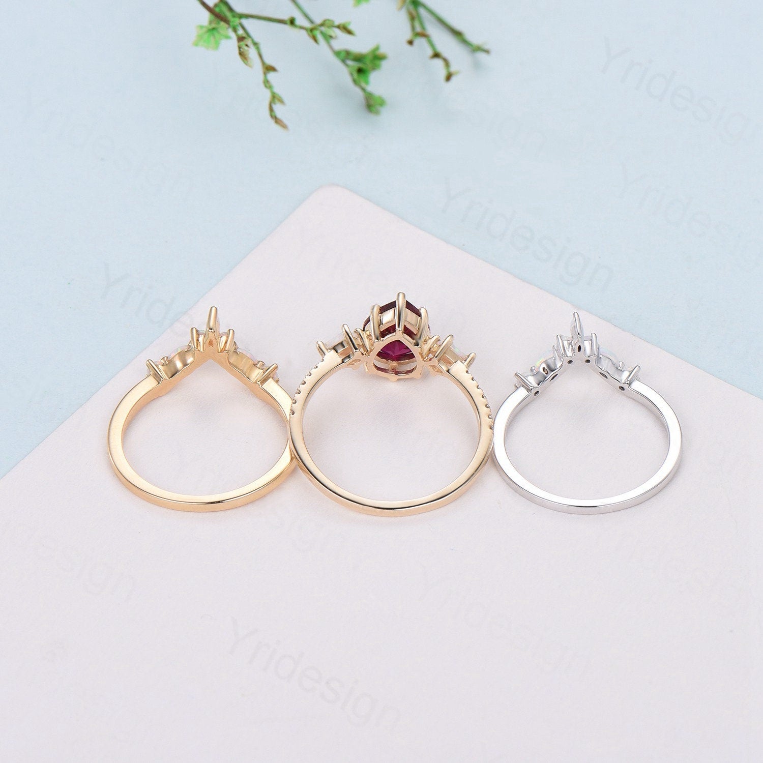 Vintage Pear Shaped Ruby Engagement Ring Set Three Stone Kite Ruby Opal Wedding ring Set Cute Opal Stacking Band Unique Bridal Set For Women - PENFINE