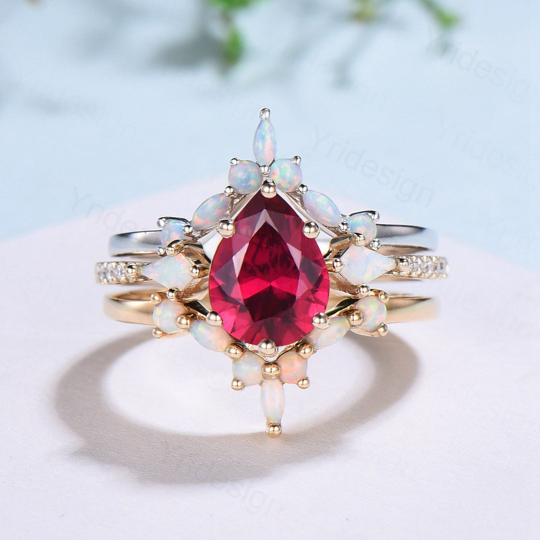 Vintage Pear Shaped Ruby Engagement Ring Set Three Stone Kite Ruby Opal Wedding ring Set Cute Opal Stacking Band Unique Bridal Set For Women - PENFINE